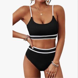 NWT Blooming Jelly High Waisted Ribbed Bikini Set Black & White BMJL Small